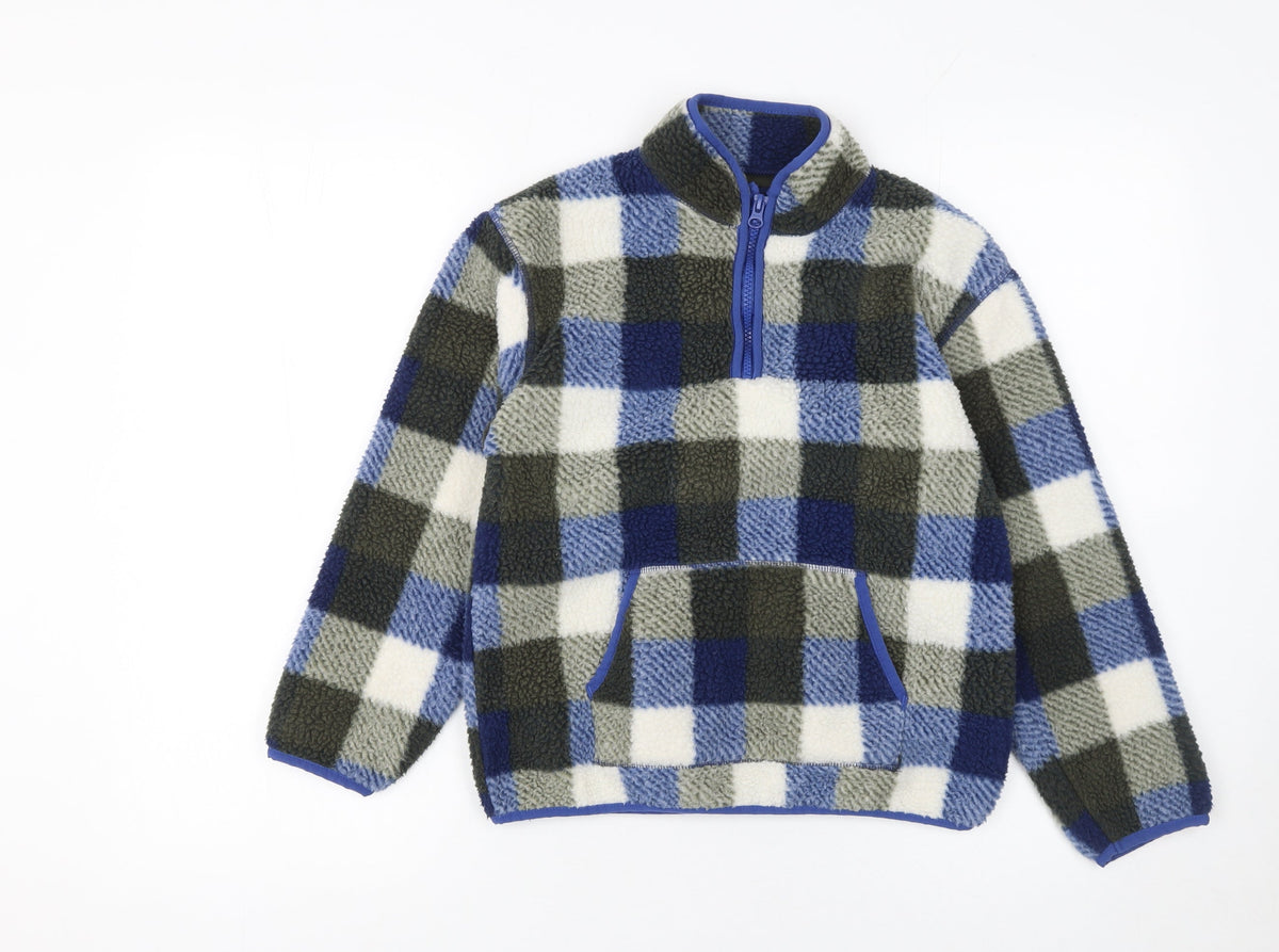 Front view of Dunnes boys’ blue check fleece 1/2 zip pullover sweatshirt 10-11 years