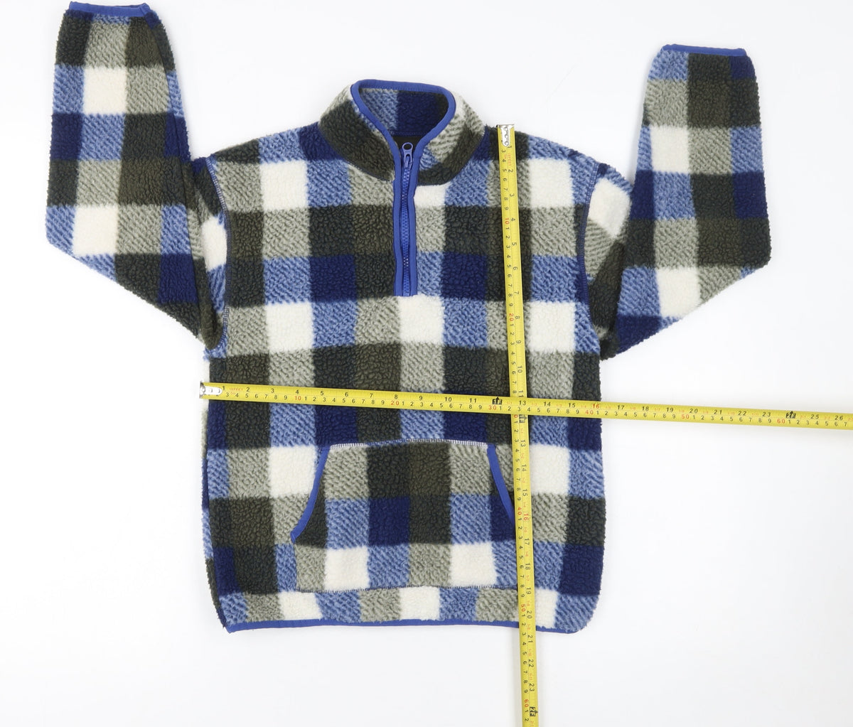 Back view of Dunnes boys’ blue check fleece 1/2 zip pullover sweatshirt 10-11 years