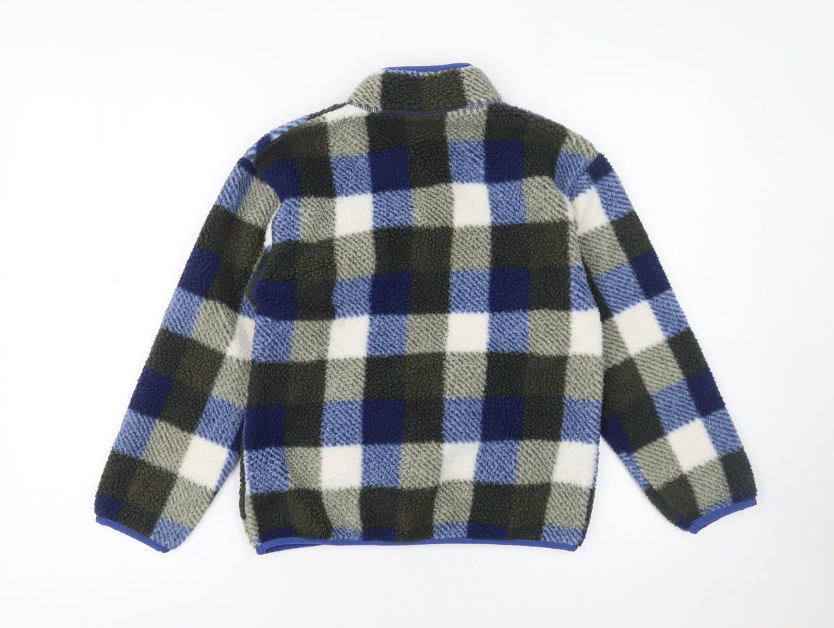 Close-up detail of Dunnes boys’ blue check fleece 1/2 zip pullover sweatshirt 10-11 years