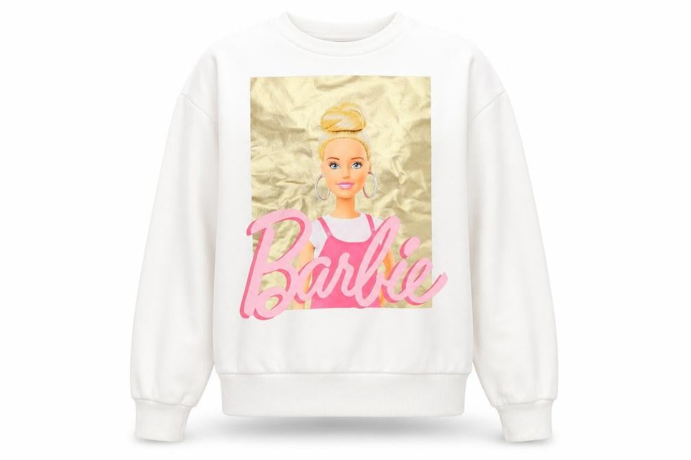 Front view of Barbie girls’ white sweatshirt 9-10 years crew neck long sleeve graphic print
