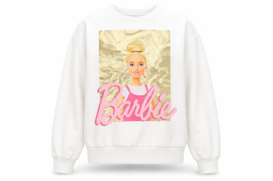 Front view of Barbie girls’ white sweatshirt 9-10 years crew neck long sleeve graphic print