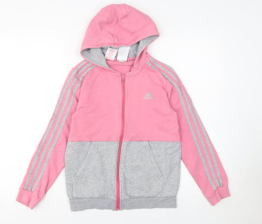 adidas Girls Pink Grey Full Zip Hoodie 11-12 Years Colourblock Sportswear