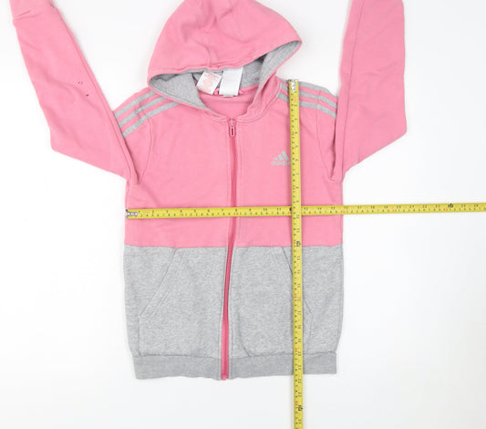 adidas Girls Pink Grey Full Zip Hoodie 11-12 Years Colourblock Sportswear