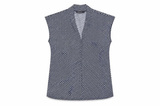 Front view of Dunnes Women's Blue Striped Sleeveless V-Neck Blouse, size 12