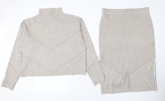 Rachel Zoe Women Beige Striped Knit Outfit Set Size L High Neck Long Sleeve