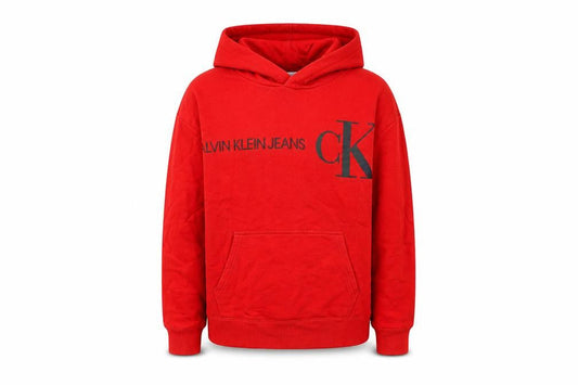 Front view of Calvin Klein Jeans boys’ red logo pullover hoodie, size 14, years
