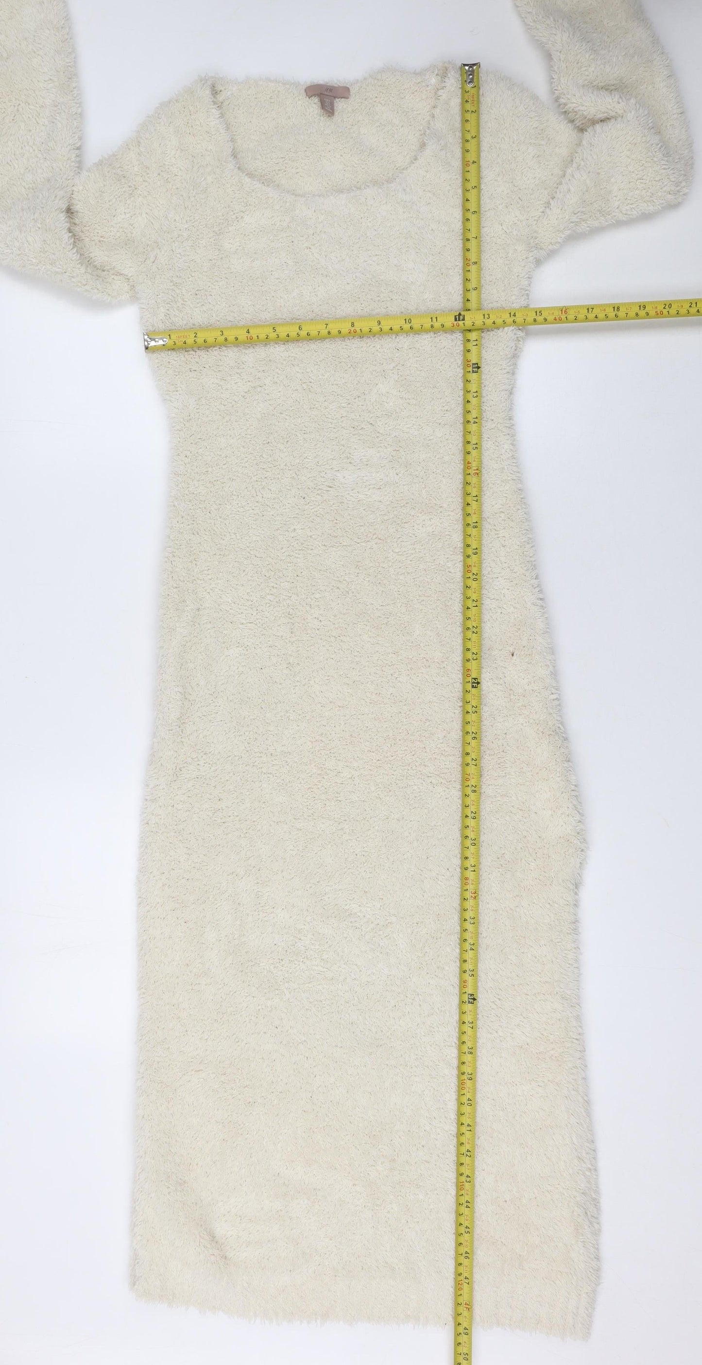 H&M Women Ivory Long Sleeve Fluffy Knit Bodycon Midi Dress Size S