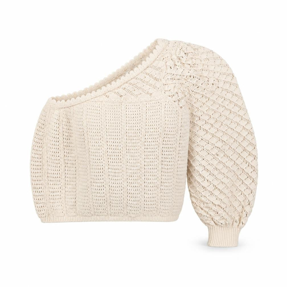 MNG Women Beige Open-Knit One Shoulder Pullover Jumper Size S