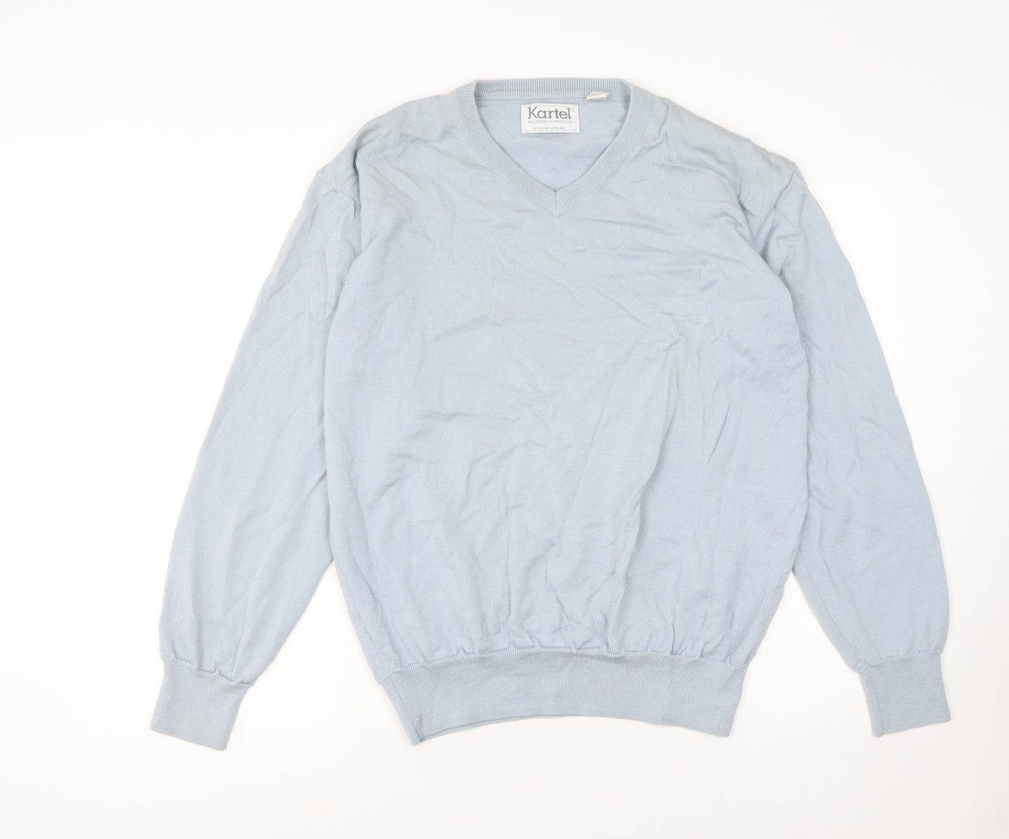 Kartel Men Blue Wool V-Neck Jumper Size L Knit Sweater