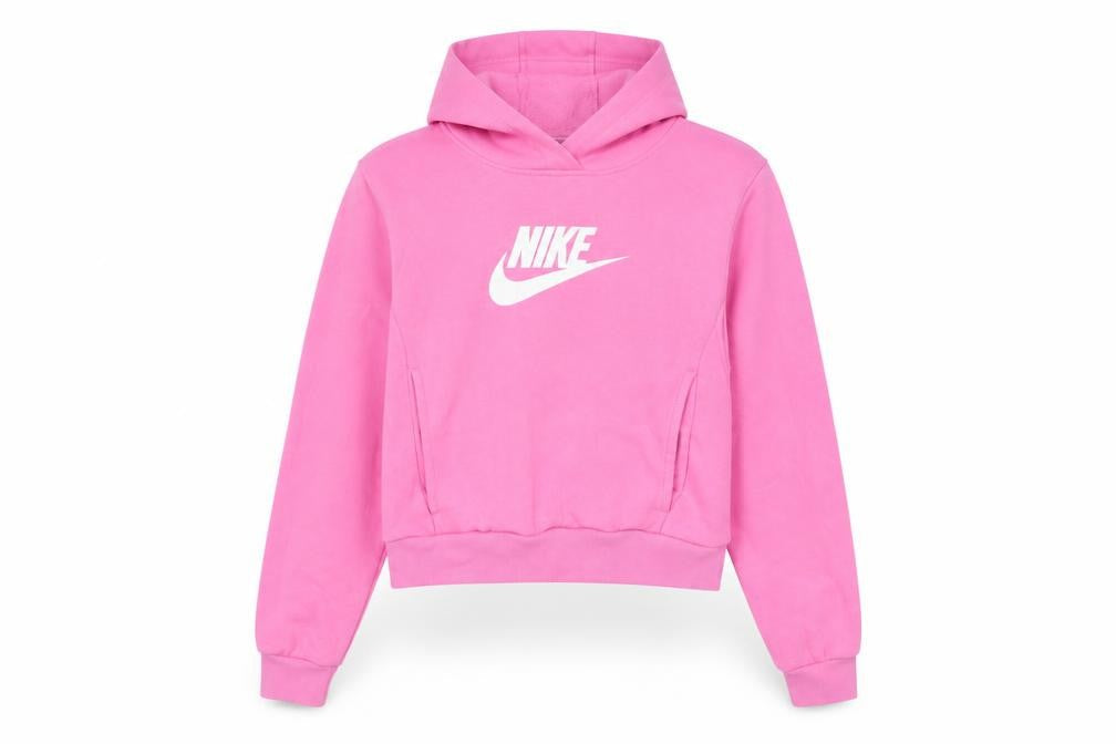 Front view of Nike girls’ pink pullover hoodie, size 146, fleece logo sweatshirt