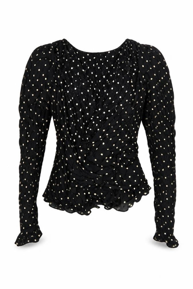 MNG Women's Black Polka Dot Wrap Ruffle Blouse Size 8