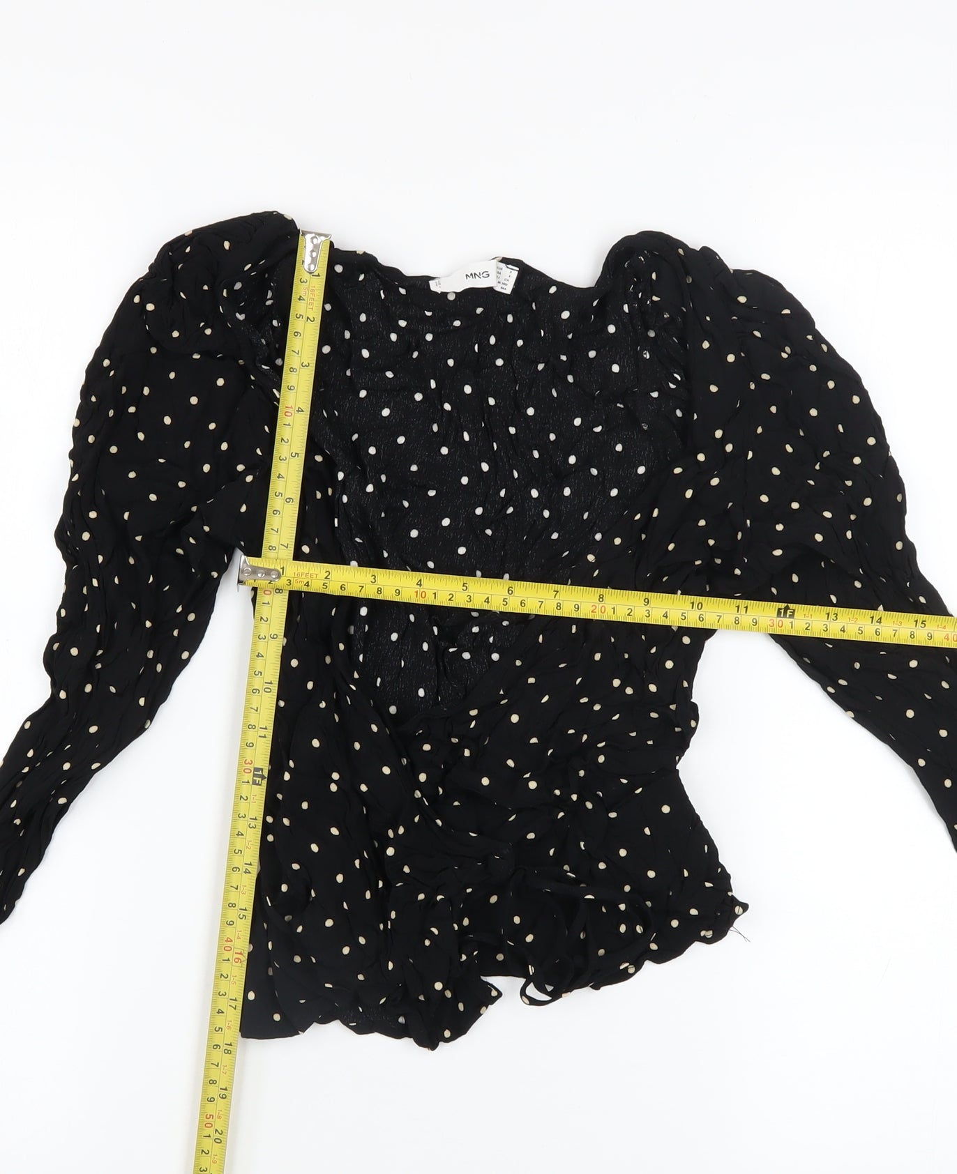 MNG Women's Black Polka Dot Wrap Ruffle Blouse Size 8