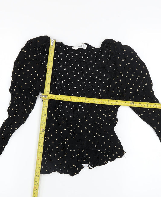 MNG Women's Black Polka Dot Wrap Ruffle Blouse Size 8
