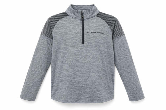 Front view of Under Armour boys’ grey 1/4 zip long sleeve pullover sweatshirt 7-8 years