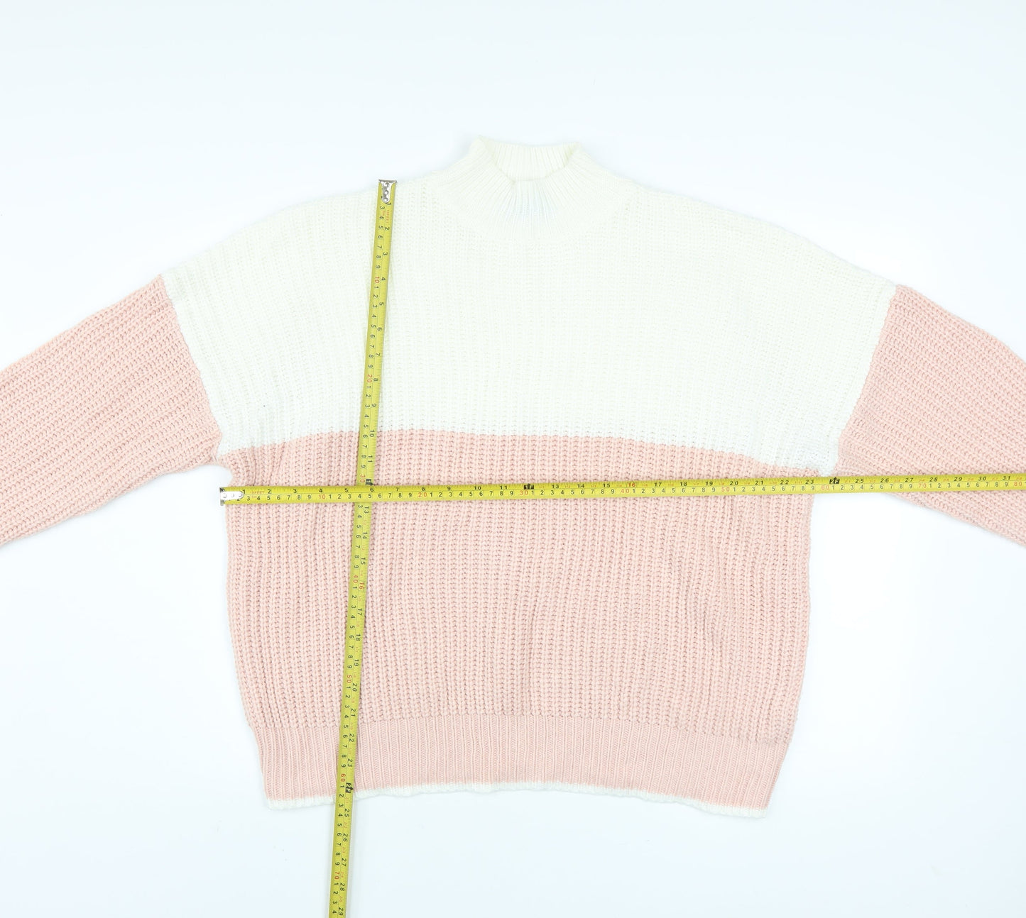 New Look Women's Pink & White Chunky Knit Mock Neck Jumper Size L