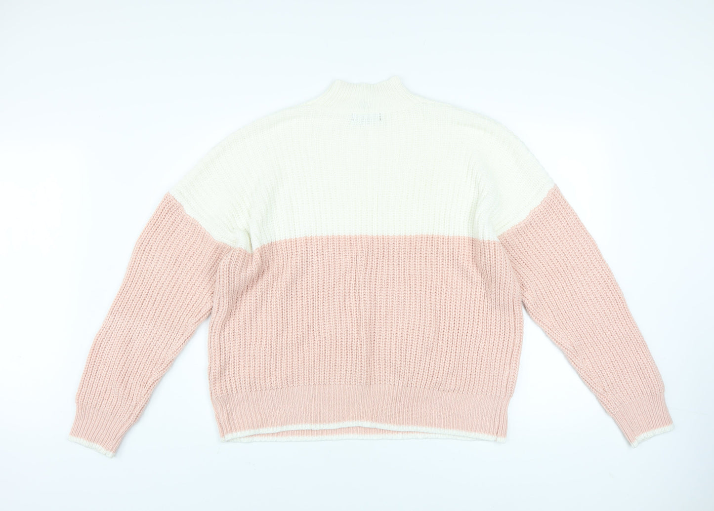 New Look Women's Pink & White Chunky Knit Mock Neck Jumper Size L