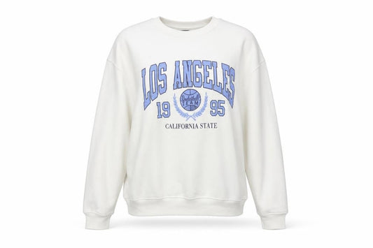 Front view of Dunnes Women’s Ivory Los Angeles 1995 Pullover Sweatshirt Small