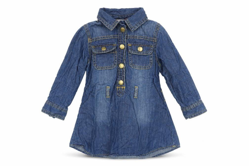 Front view of Next girls’ blue denim shirt dress 18-24 months long sleeve belted