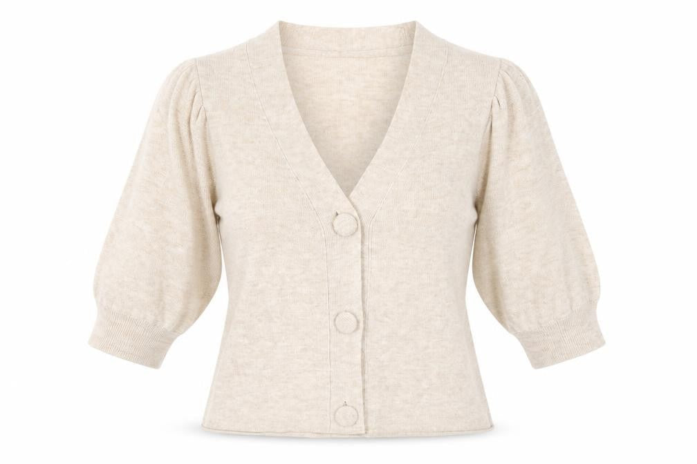 Front view of Gallery women’s beige 3/4 sleeve v-neck knit cardigan, size M