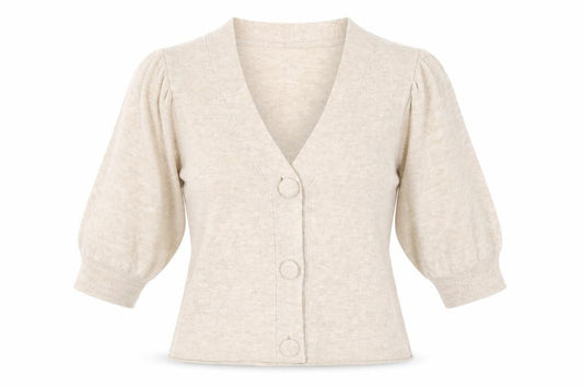 Front view of Gallery women’s beige 3/4 sleeve v-neck knit cardigan, size M
