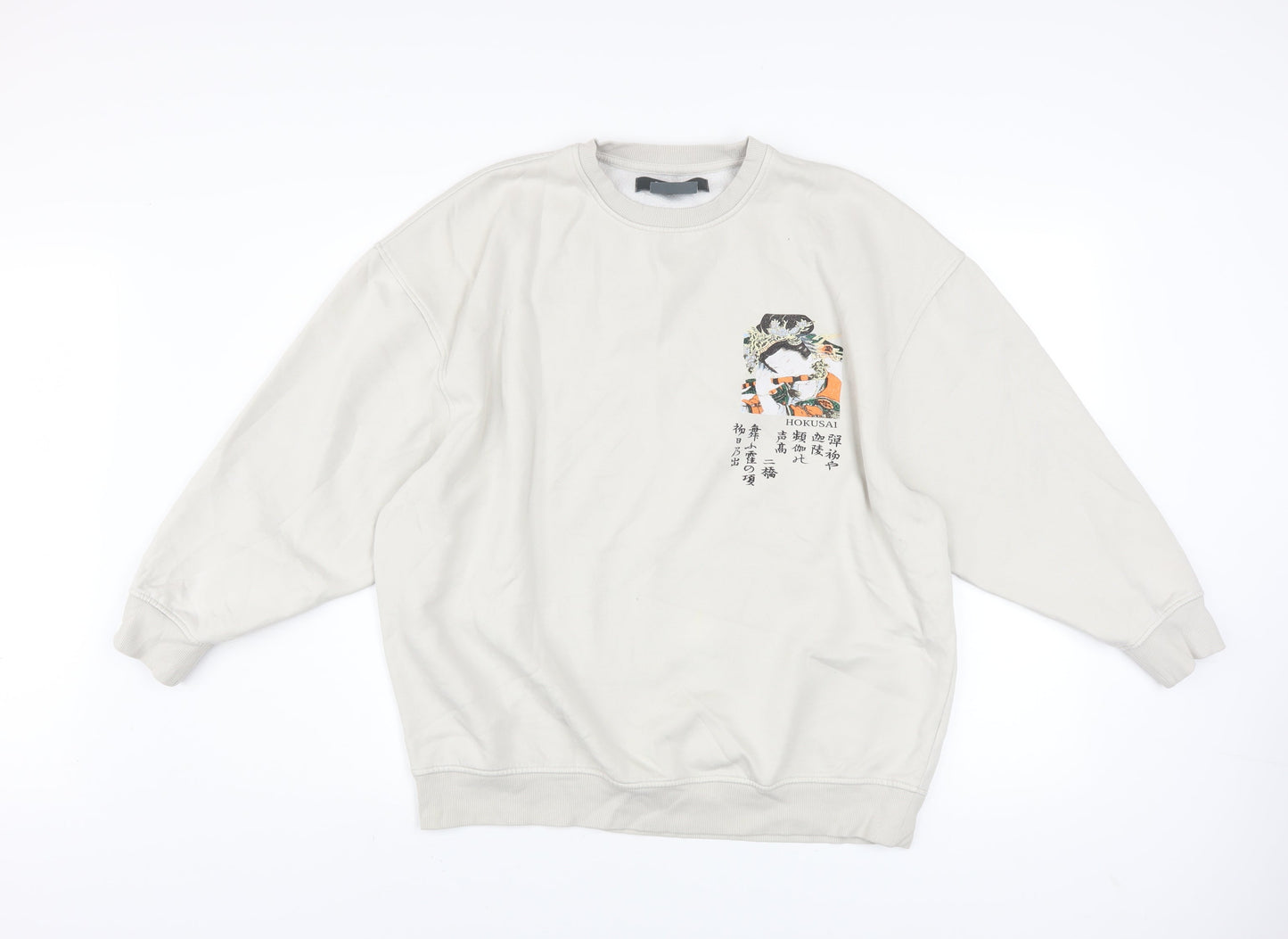 Primark Men Beige Hokusai Graphic Pullover Sweatshirt Size S