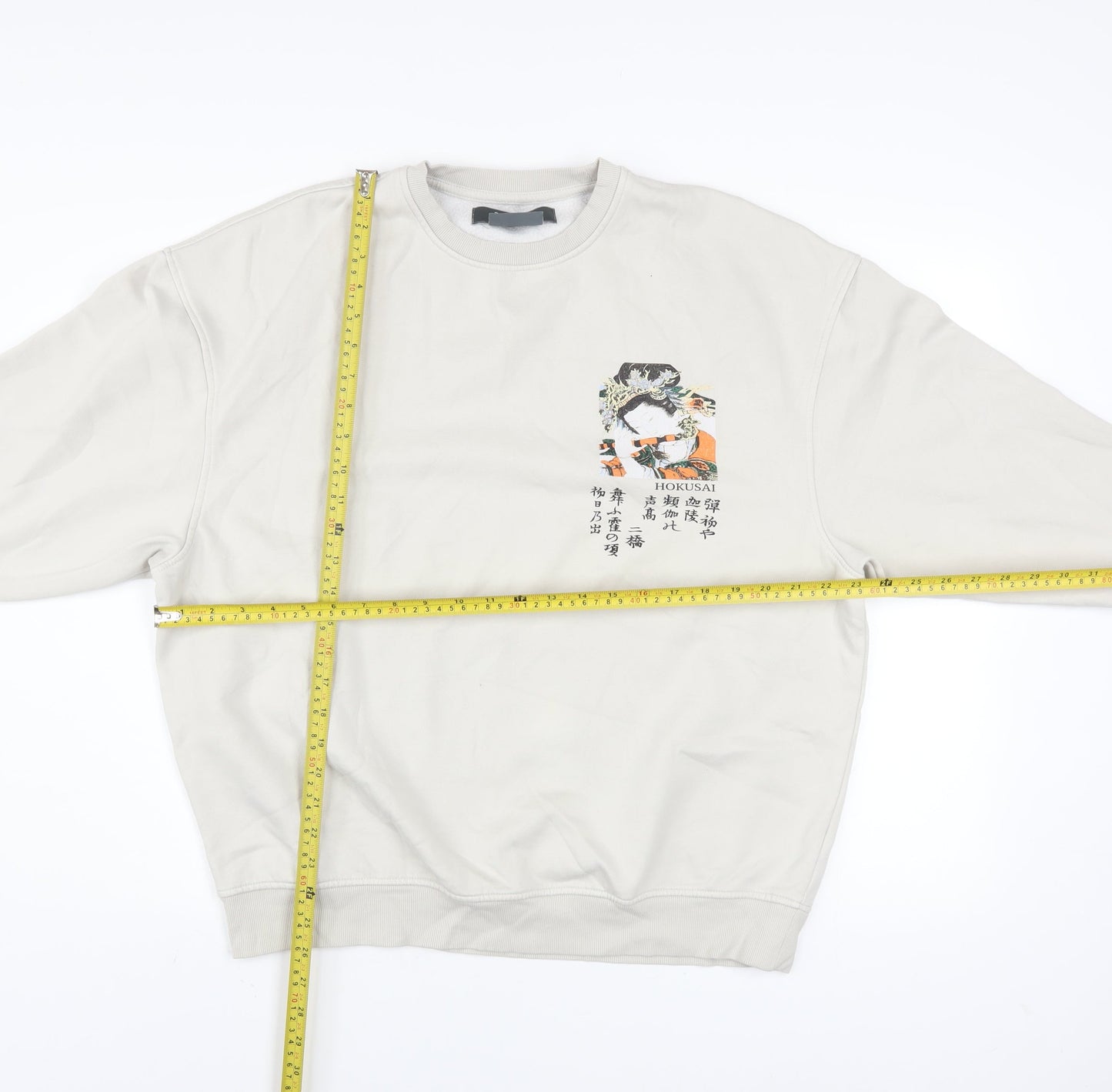 Primark Men Beige Hokusai Graphic Pullover Sweatshirt Size S