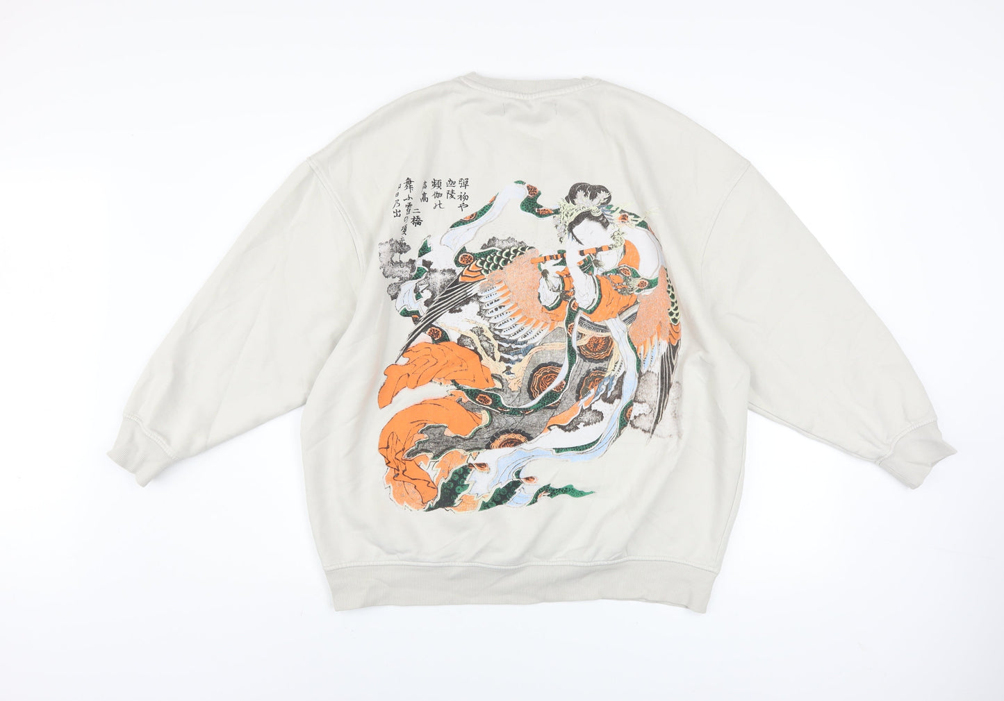 Primark Men Beige Hokusai Graphic Pullover Sweatshirt Size S