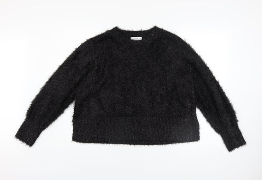 Gallery Women Black Fluffy Pullover Sweater UK 18 Long Sleeve Crew Neck