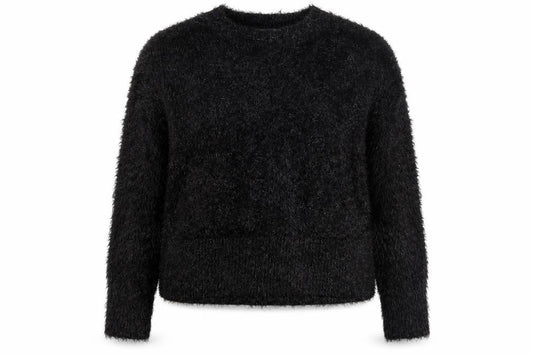 Front view of Gallery Women Black Fluffy Pullover Sweater UK 18 Long Sleeve Crew Neck