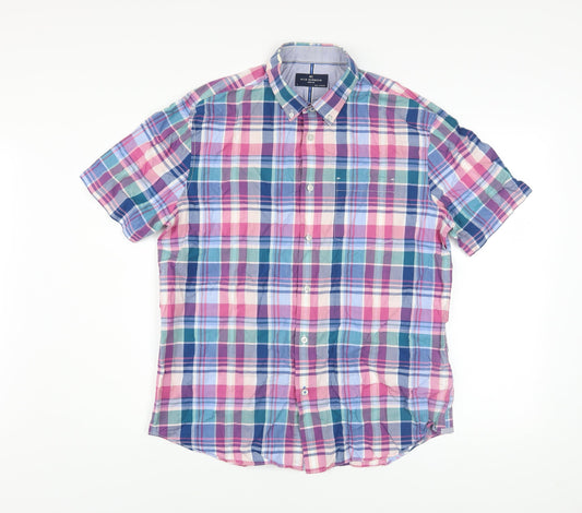 Marks and Spencer Blue Harbour Men's Multicoloured Check Cotton Short Sleeve Shirt L