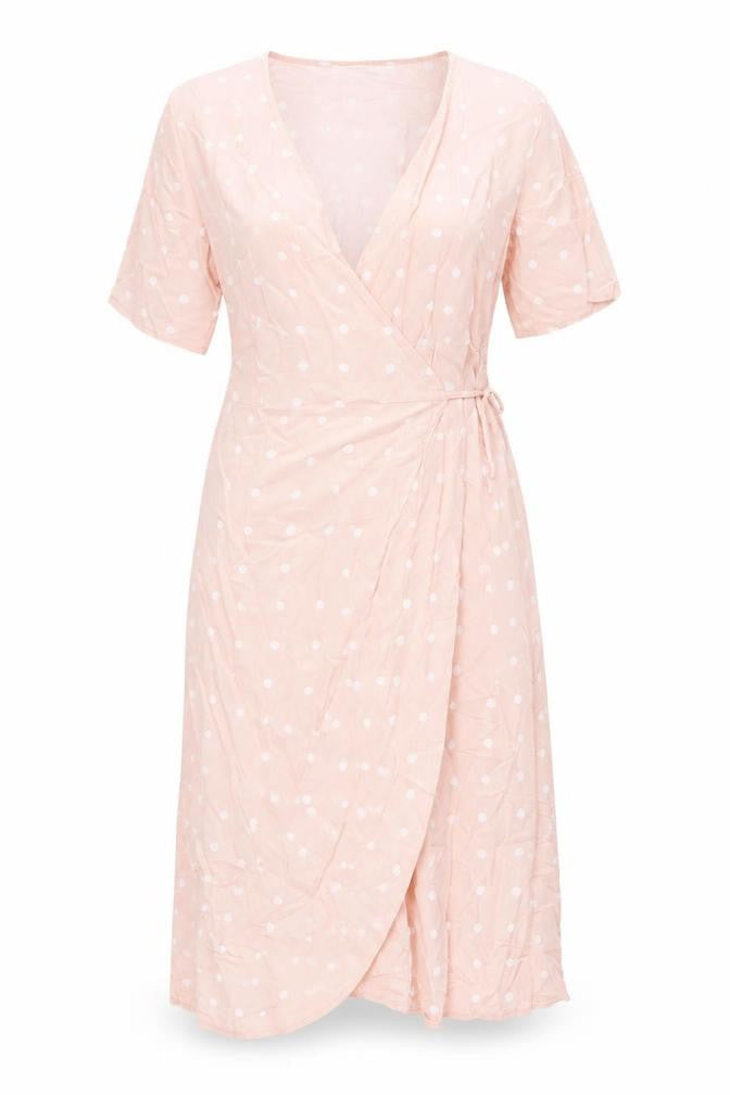 Front view of Only Women Pink Polka Dot Wrap Midi Dress S