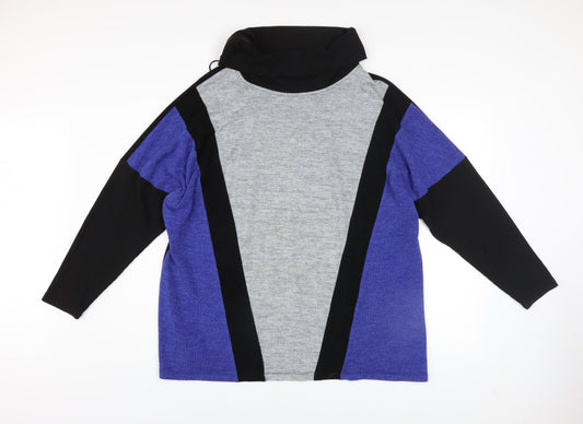ORA Women's Black Grey Blue Roll Neck Geometric Wool Jumper Size 4 Plus