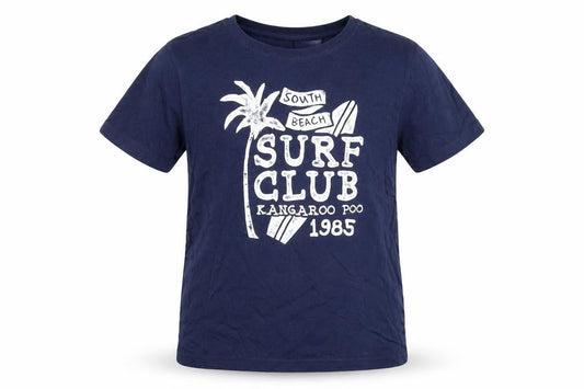 Front view of Kangaroo Poo boys’ blue surf club graphic cotton t-shirt 11-12 years