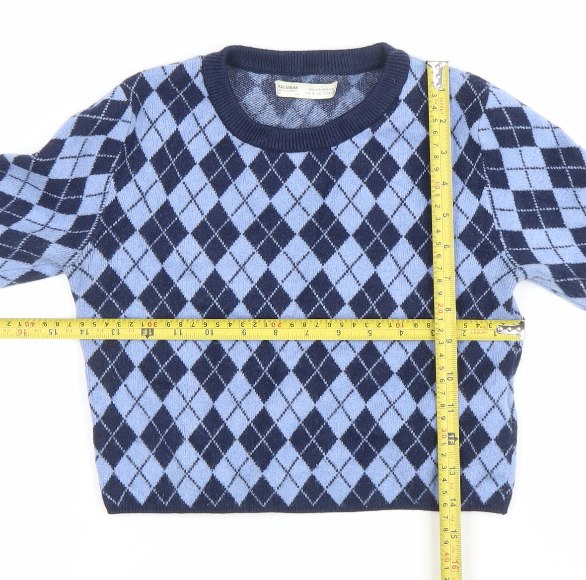 Pull & Bear Women's Blue Argyle Knit Crew Neck Jumper Size 10