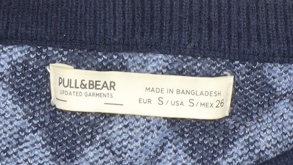 Pull & Bear Women's Blue Argyle Knit Crew Neck Jumper Size 10