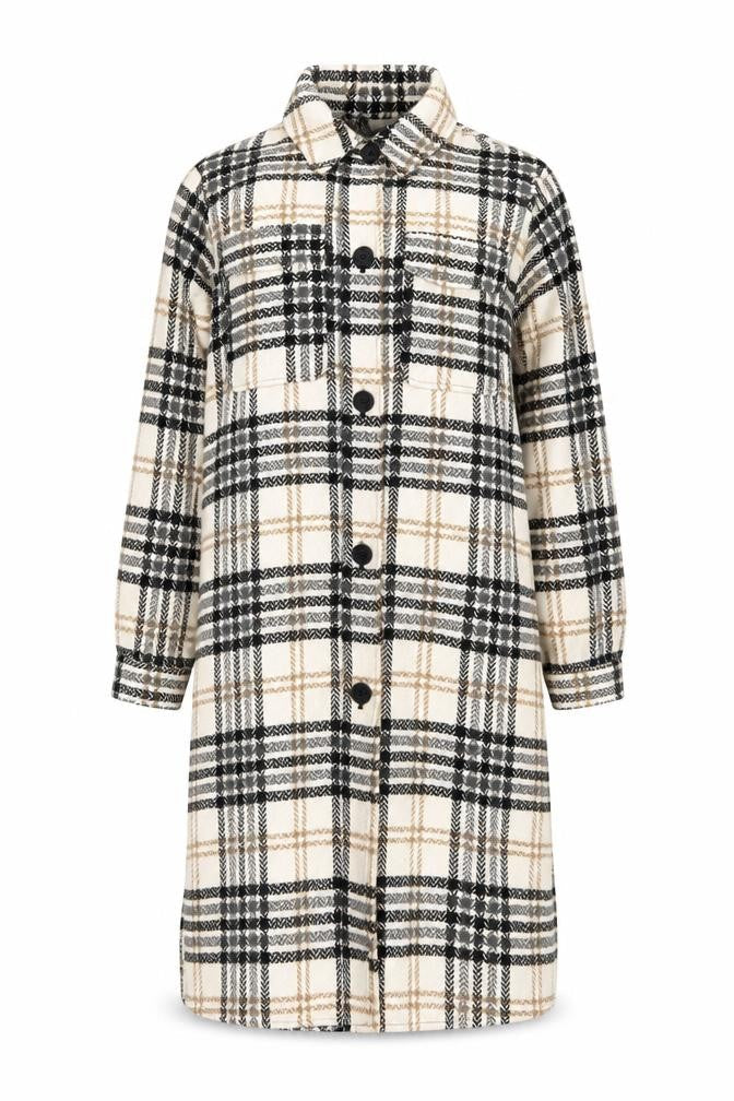 Front view of Jacqueline de Yong Women’s Beige Check Long Sleeve Overcoat, size S