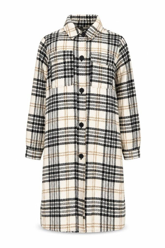 Front view of Jacqueline de Yong Women’s Beige Check Long Sleeve Overcoat, size S