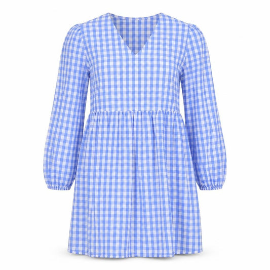 Rowen Avenue Women's Blue Check V-Neck Long Sleeve Shift Dress Size S