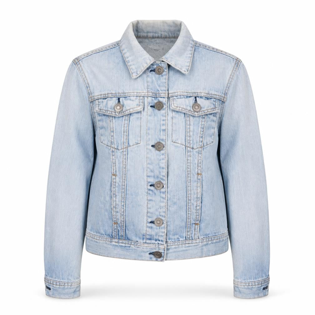 Front view of Denim Co. Women's Blue Denim Basic Jacket, size 8, Casual Style