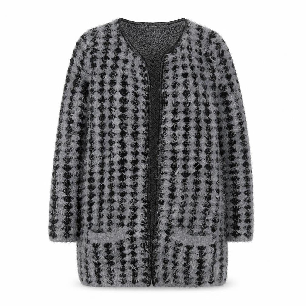 Front view of Gerard women’s grey black fuzzy knit mid-length coatigan m