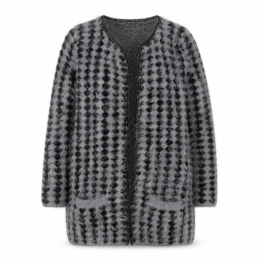 Front view of Gerard women’s grey black fuzzy knit mid-length coatigan m