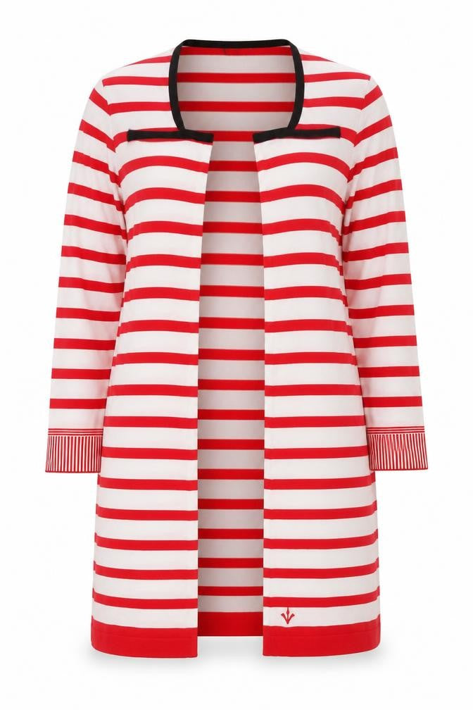 Front view of Adia Women Red White Striped Long Knit Coatigan, size L