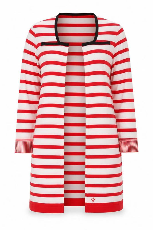 Front view of Adia Women Red White Striped Long Knit Coatigan, size L