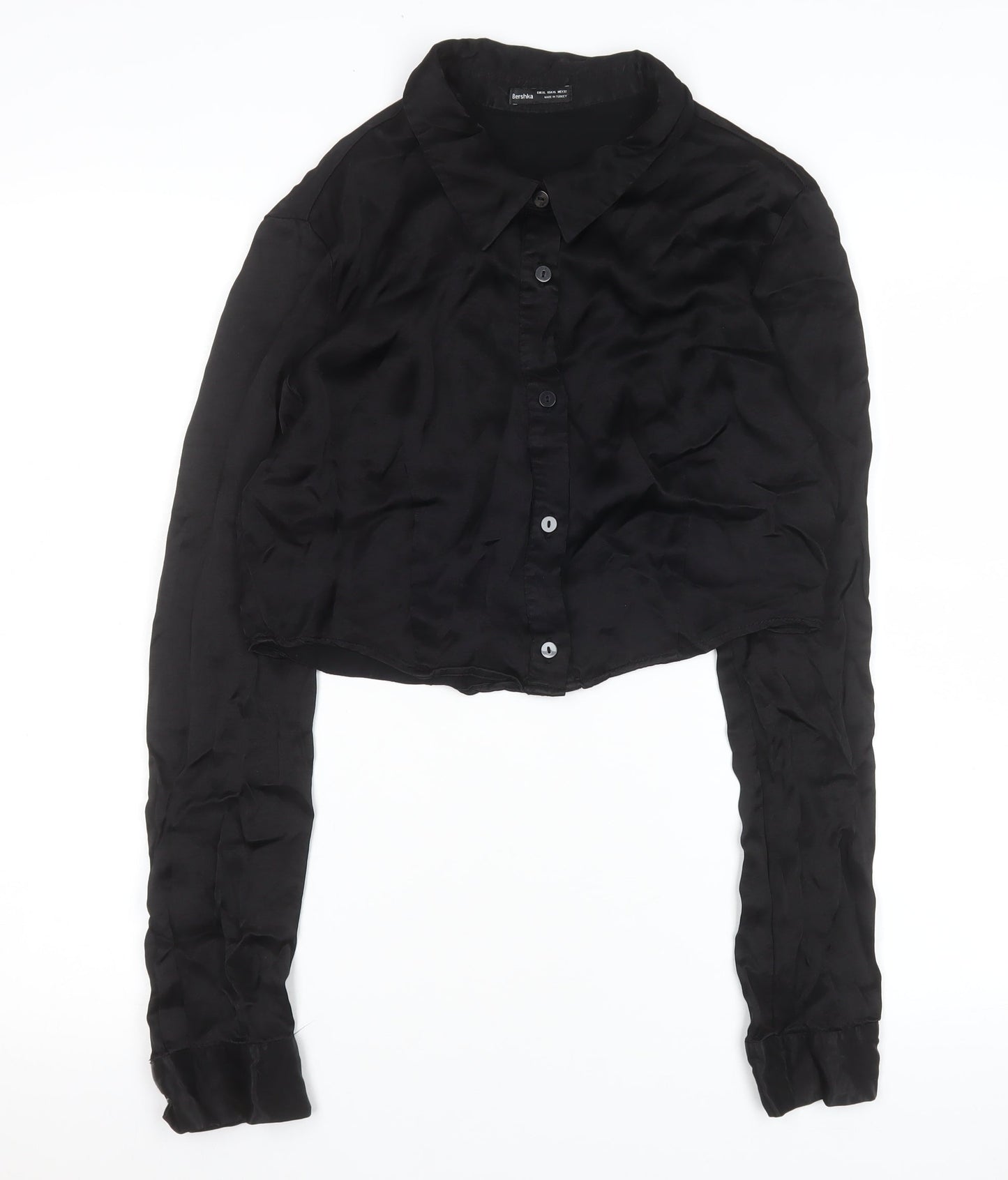 Bershka Women Black Cropped Satin Button-Up Shirt Size L