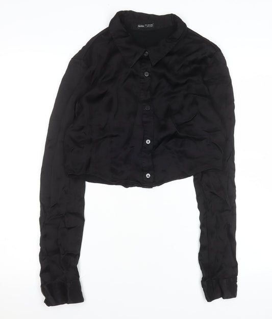 Bershka Women Black Cropped Satin Button-Up Shirt Size L