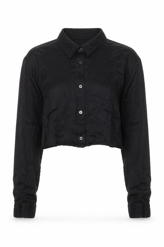 Bershka Women Black Cropped Satin Button-Up Shirt Size L