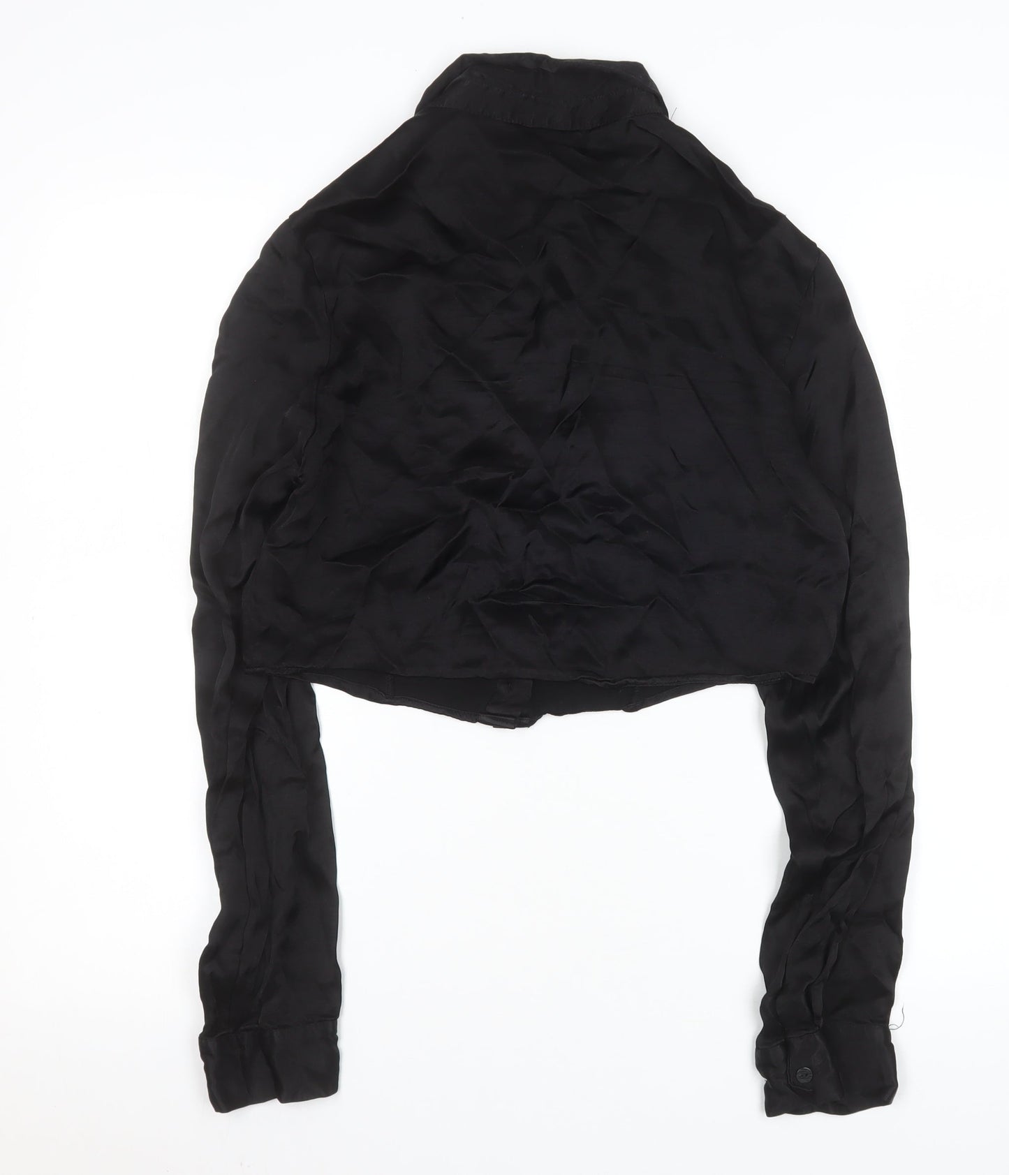 Bershka Women Black Cropped Satin Button-Up Shirt Size L