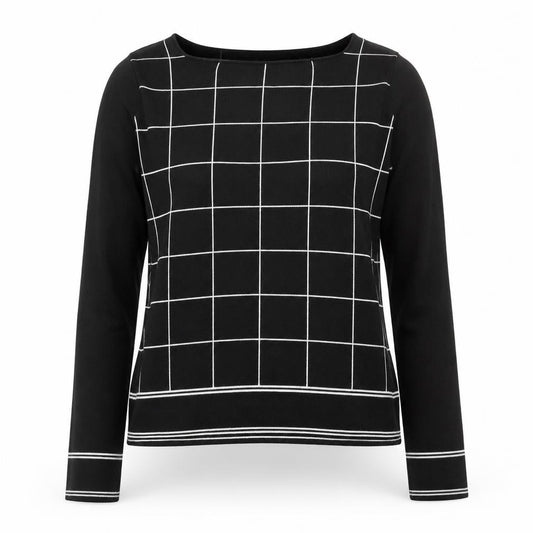 Front view of LTS Women Black Check Knit Long Sleeve Boat Neck Top, size 14