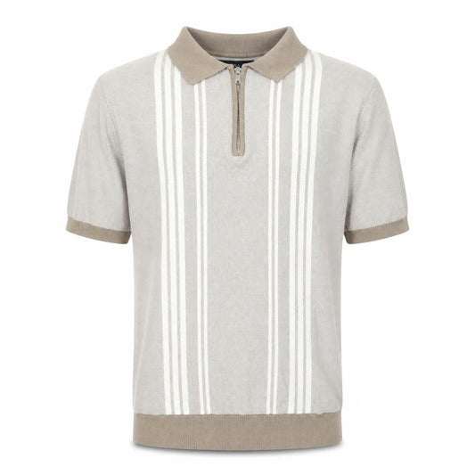 Marks and Spencer Men’s Beige Striped 1/4 Zip Polo Medium Regular Fit