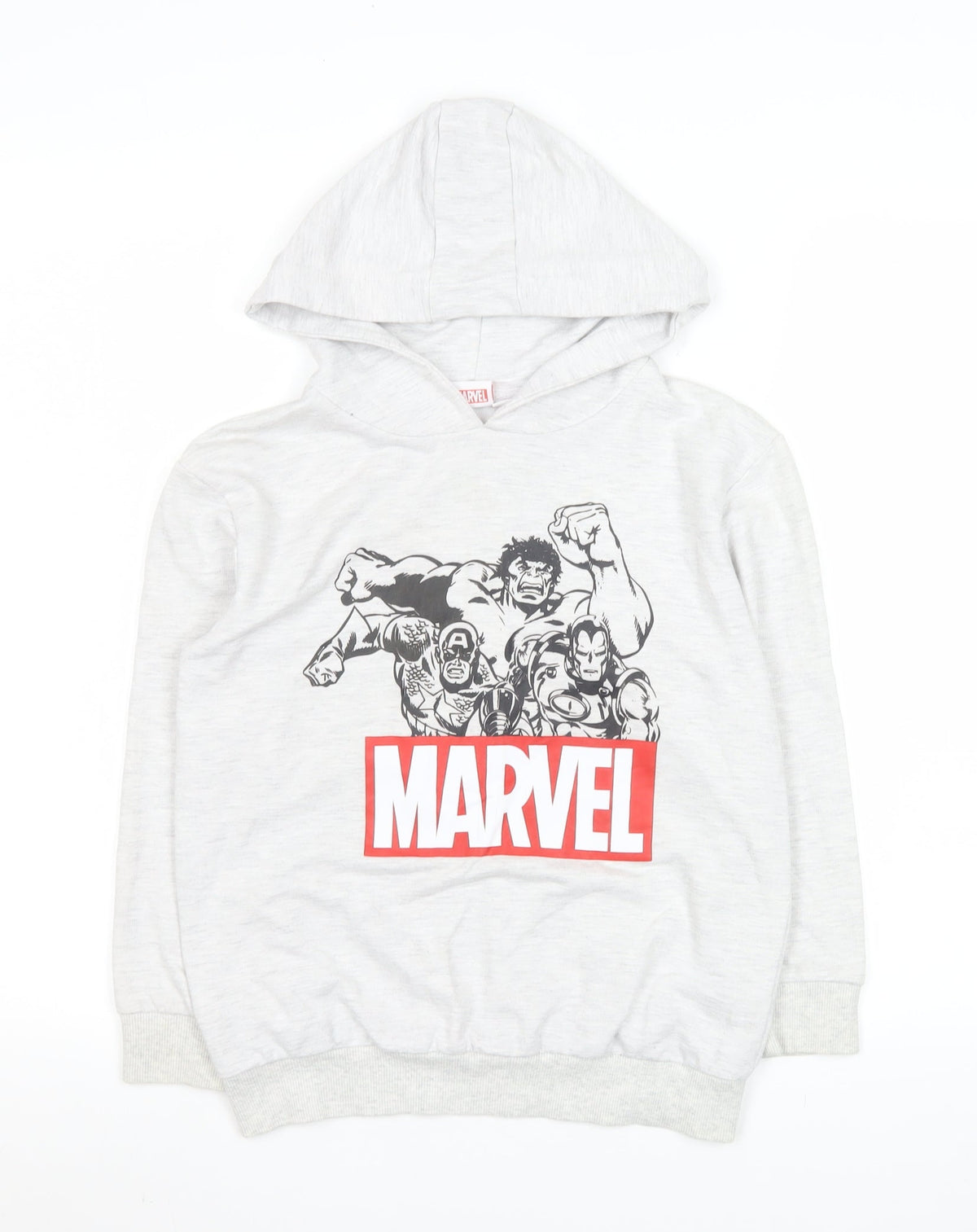 Front view of Marvel boys’ grey hoodie 9-10 years pullover cotton blend avengers print